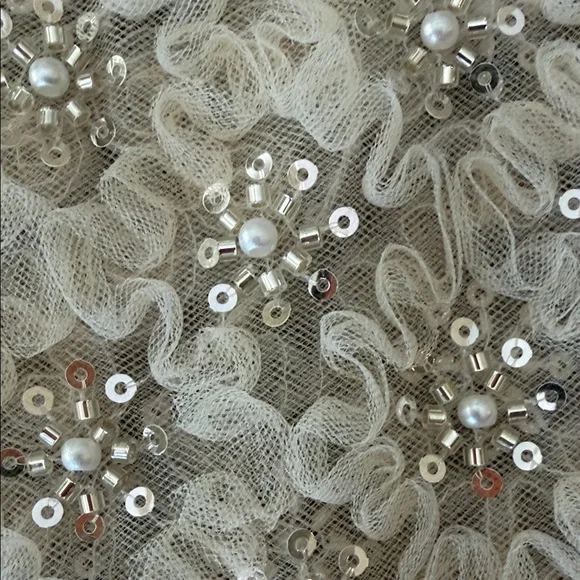 NEW POL Cream and Silver Butterfly Lace Pearled Ruffled Boho Sequin Crop Top - Picture 6 of 7